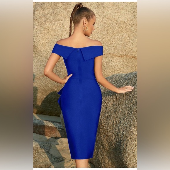 💙 NWOT Elegant Cobalt Blue Off-Shoulder Bandage Dress | Women’s Medium - Picture 2 of 14